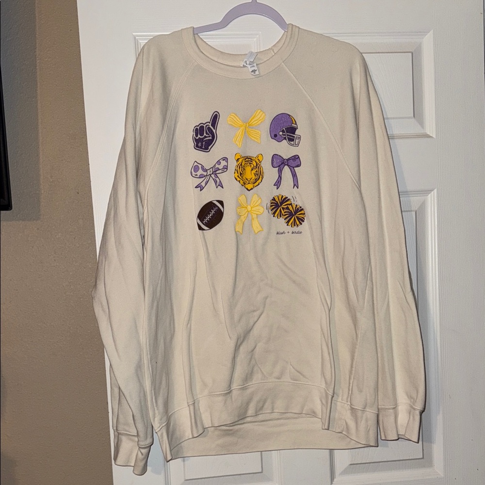 Bella Canvas Cream Sweatshirt with Purple and Gold Graphics
